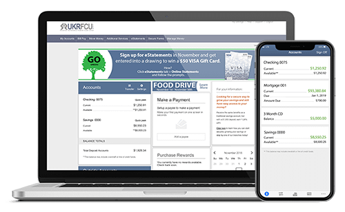 UKRFCU online and mobile banking on lapton and smart phone